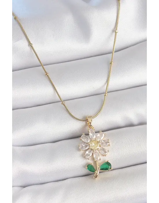 316L Çelik Gold Renk Minimal Topçuk Zincir Zirkon Taşlı Papatya Model Kadın Kolye