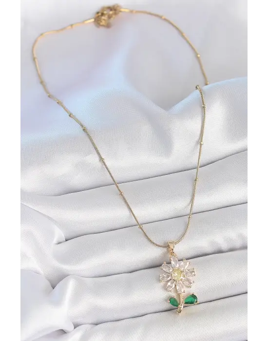 316L Çelik Gold Renk Minimal Topçuk Zincir Zirkon Taşlı Papatya Model Kadın Kolye