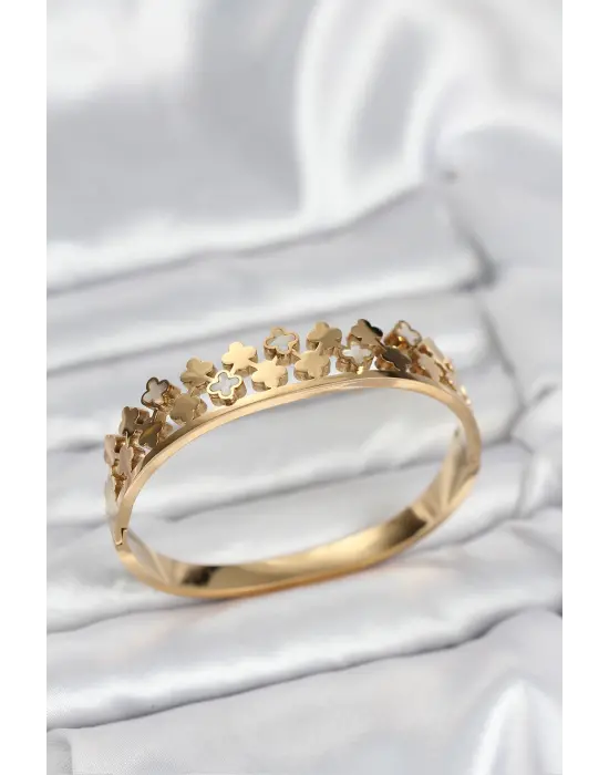 316L Çelik Gold Renk Minimal Yoncalı Kadın Kelepçe Bileklik