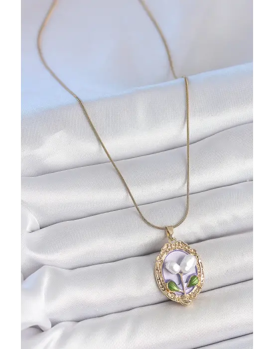 316L Çelik Gold Renk Mor İncili Çiçek İşlemeli Portre Model Kadın Kolye
