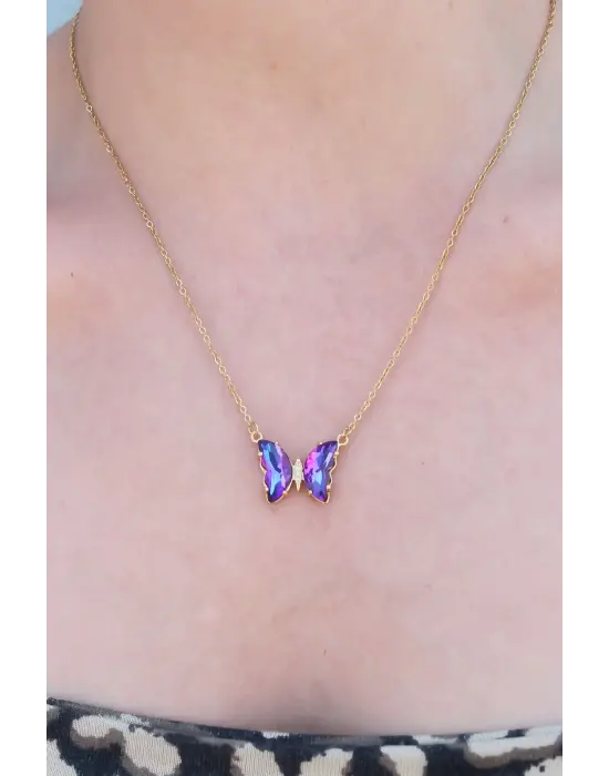 316L Çelik Gold Renk Mor Kristal Taş Kelebek Model Çelik Kadın Kolyesi
