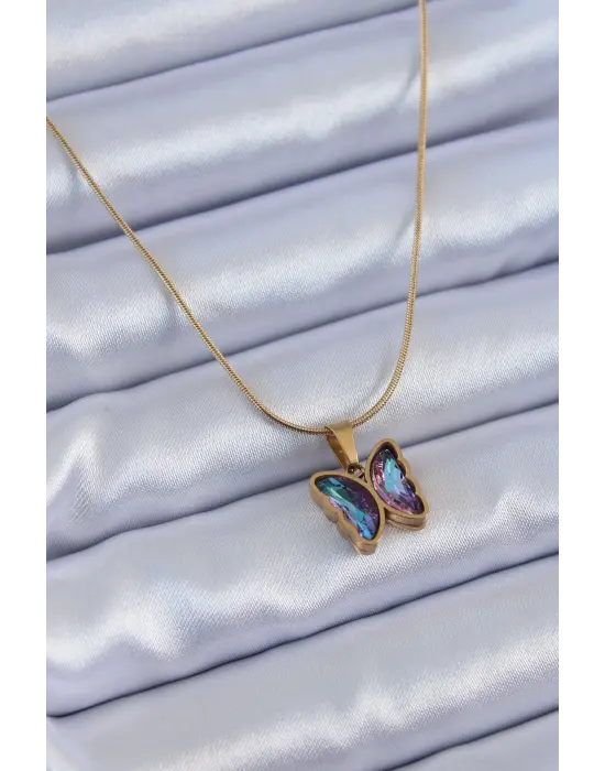 Altın Mor Kristal Taşlı Kelebek Model Çelik Kolye