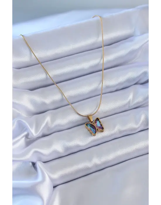 Altın Mor Kristal Taşlı Kelebek Model Çelik Kolye