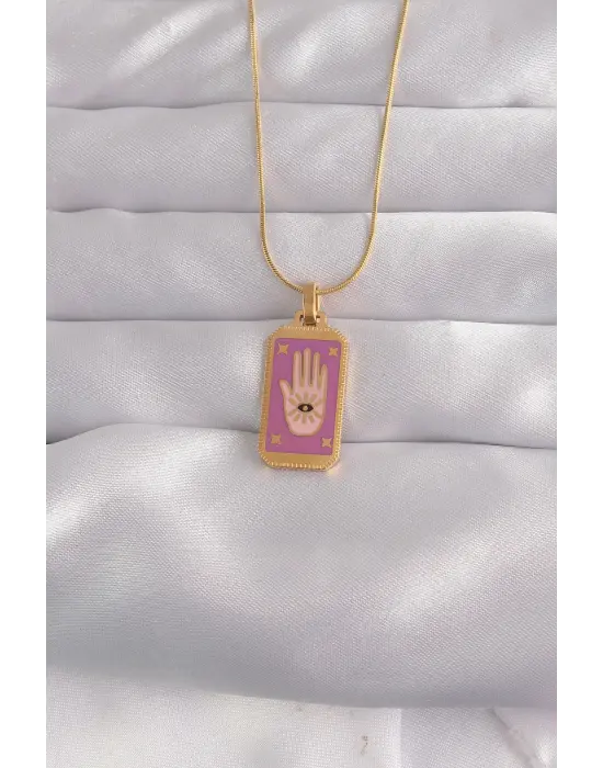  Altın  Mor Mineli El Figür Tarot Çelik Kolye