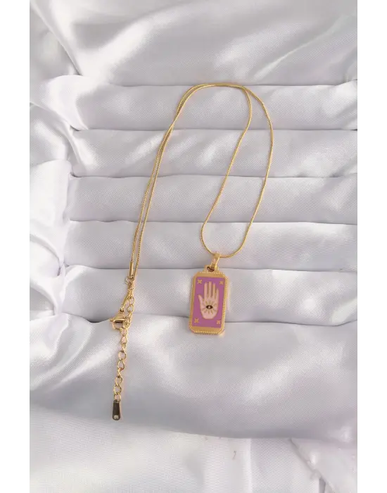  Altın  Mor Mineli El Figür Tarot Çelik Kolye