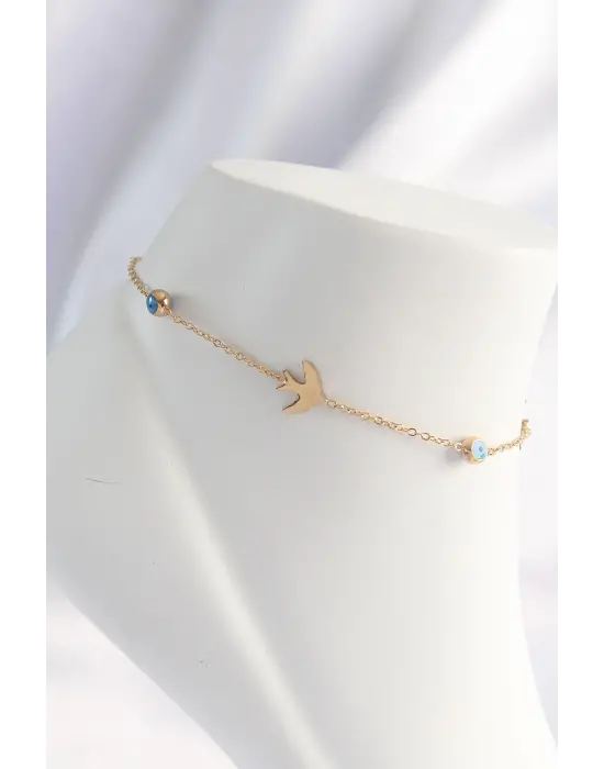 316L Çelik Gold Renk Nazar Boncuk Detay Kuş Tasarımlı Halhal