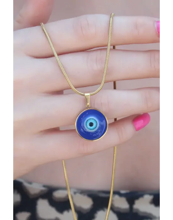 316L Çelik Gold Renk Nazar Boncuk Model Kadın Kolye