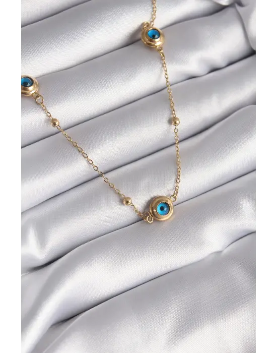  Altın  Nazar Boncuk Model  Çelik Kolye