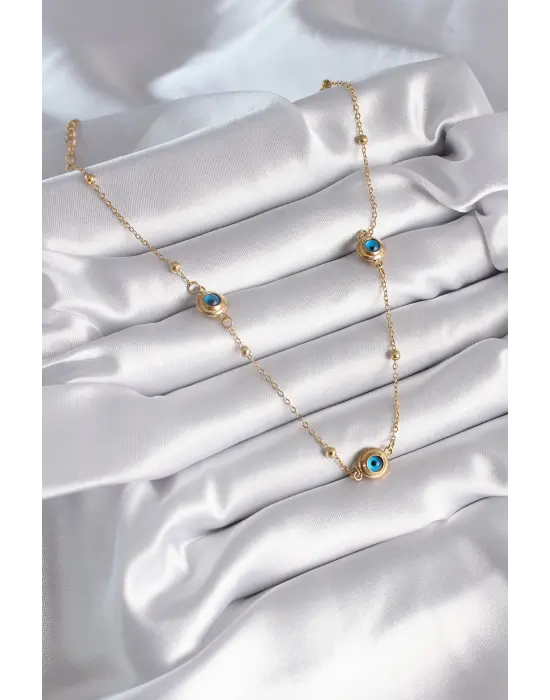  Altın  Nazar Boncuk Model  Çelik Kolye