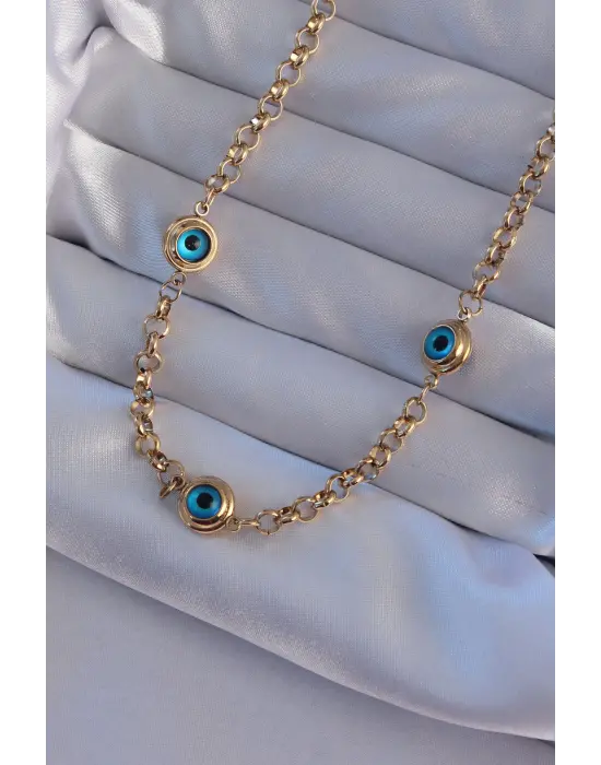  Altın  Nazar Boncuk Model Çelik Kolye