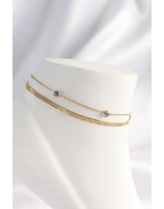 316L Çelik Gold Renk Nazar Boncuk Tasarımlı 2li Halhal