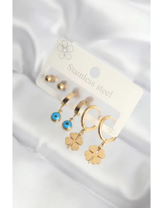   Altın Nazar Boncuklu Yonca Küpe Seti