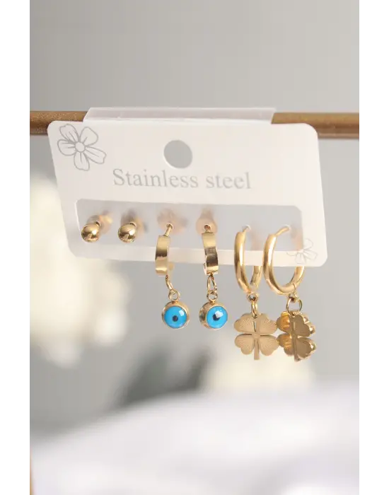   Altın Nazar Boncuklu Yonca Küpe Seti