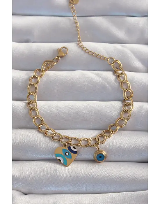 316L Çelik Gold Renk Nazarlı Kalp Model Zincir Bileklik