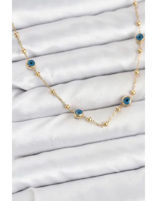 316L Çelik Gold Renk Nazarlı ve Topçuklu Model Kadın Kolye