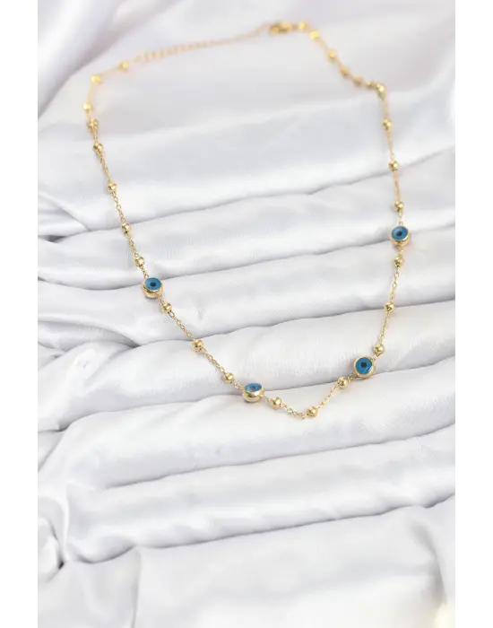 316L Çelik Gold Renk Nazarlı ve Topçuklu Model Kadın Kolye