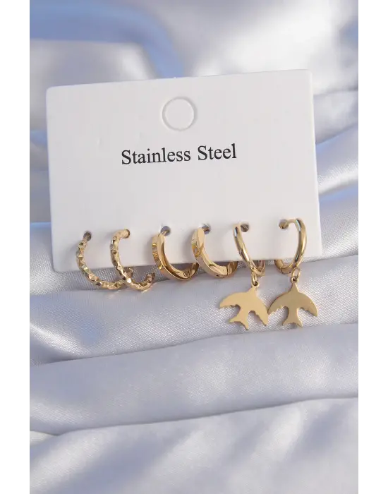   Altın Oval Tasarım Kuş Model Küpe Seti