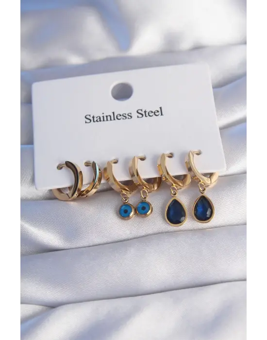   Altın Oval Tasarım Mavi Zirkon Taşlı Damla Model Küpe Seti