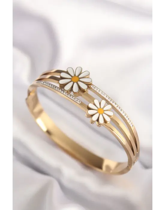 316L Çelik Gold Renk Papatya Model Kadın Kelepçe Bilezik