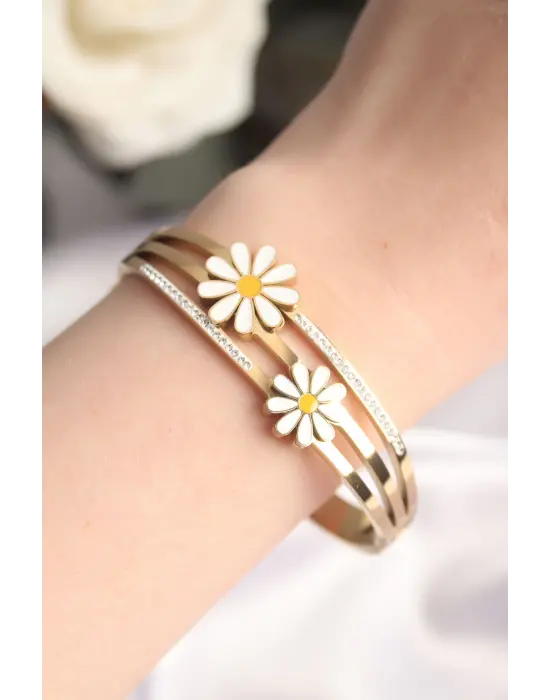 316L Çelik Gold Renk Papatya Model Kadın Kelepçe Bilezik