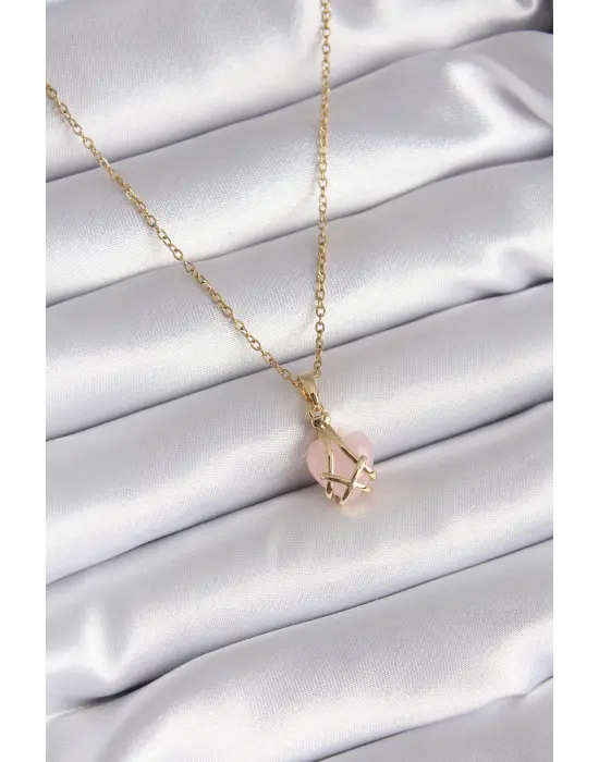  Altın  Pembe Kalp Model  Çelik Kolye