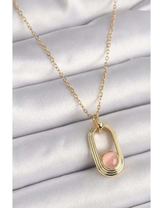  Altın  Pembe Kedi Göz Model  Çelik Kolye