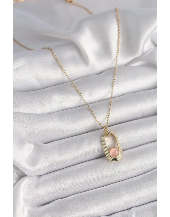  Altın  Pembe Kedi Göz Model  Çelik Kolye