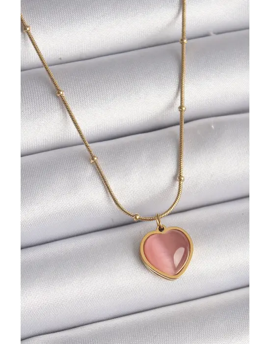  Altın  Pembe Kedi Gözü Sedefli Kalp Model  Çelik Kolye