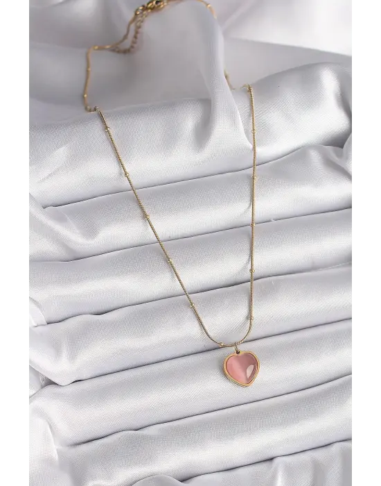 Altın  Pembe Kedi Gözü Sedefli Kalp Model  Çelik Kolye
