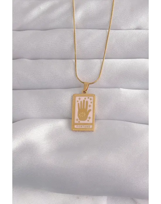  Altın  Pembe Mineli El Figür Tarot Çelik Kolye