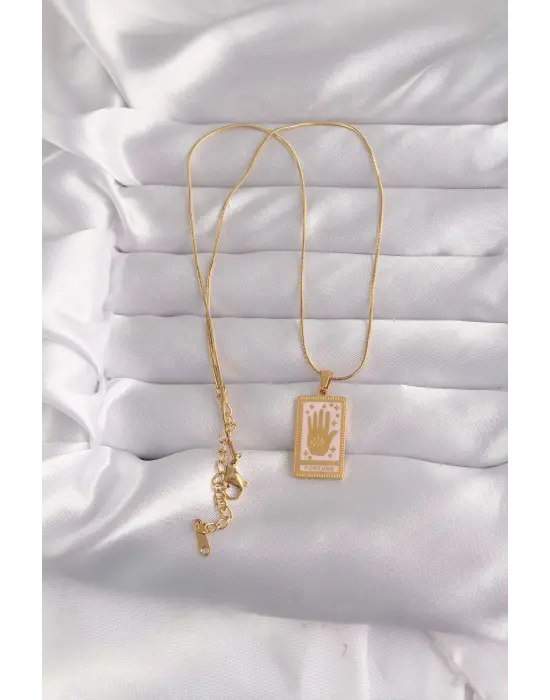  Altın  Pembe Mineli El Figür Tarot Çelik Kolye