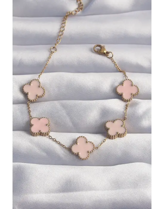 316L Çelik Gold Renk Pembe Mineli Yonca Bileklik