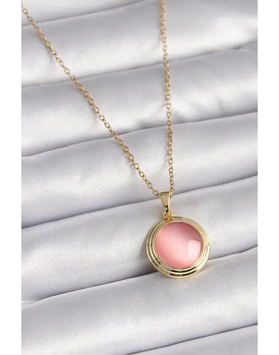  Altın  Pembe Sedefli Daire Model  Çelik Kolye