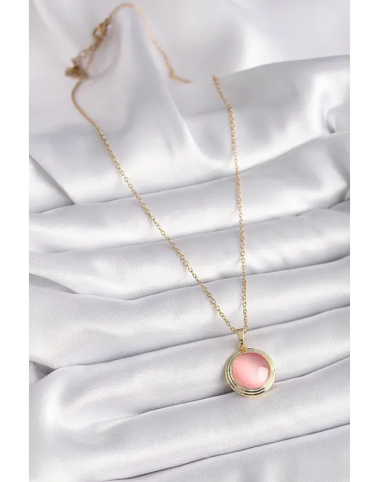  Altın  Pembe Sedefli Daire Model  Çelik Kolye