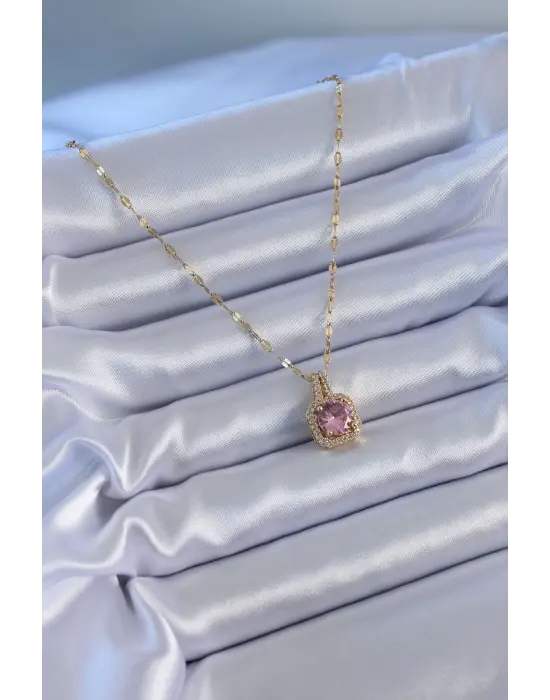 316L Çelik Gold Renk Pembe Zirkon Taş Model Kadın Kolye