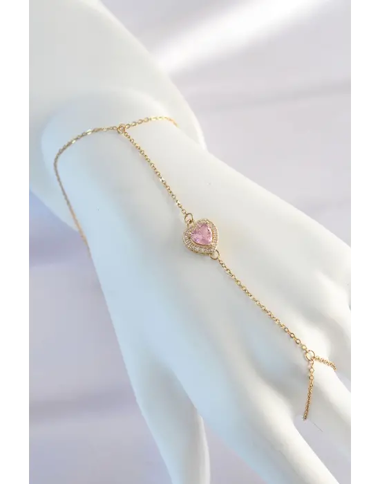 316L Çelik Gold Renk Pembe Zirkon Taşlı Kalp Model Şahmeran