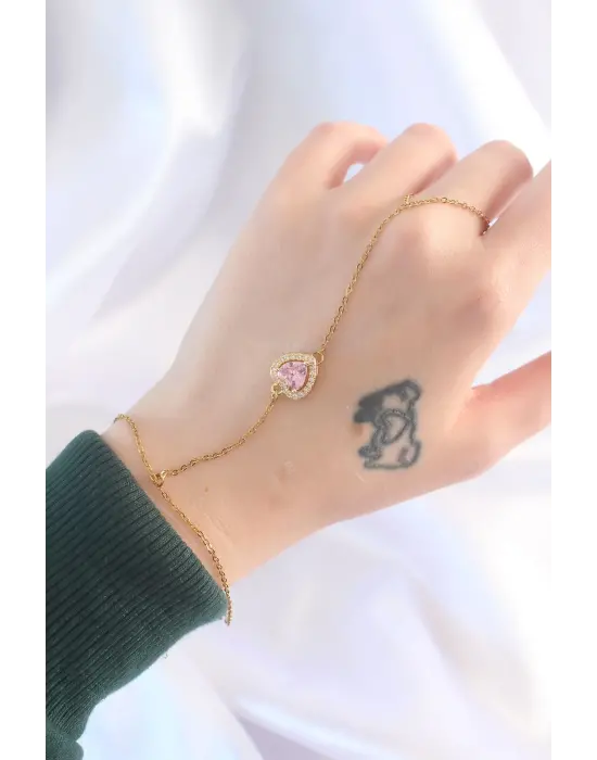 316L Çelik Gold Renk Pembe Zirkon Taşlı Kalp Model Şahmeran