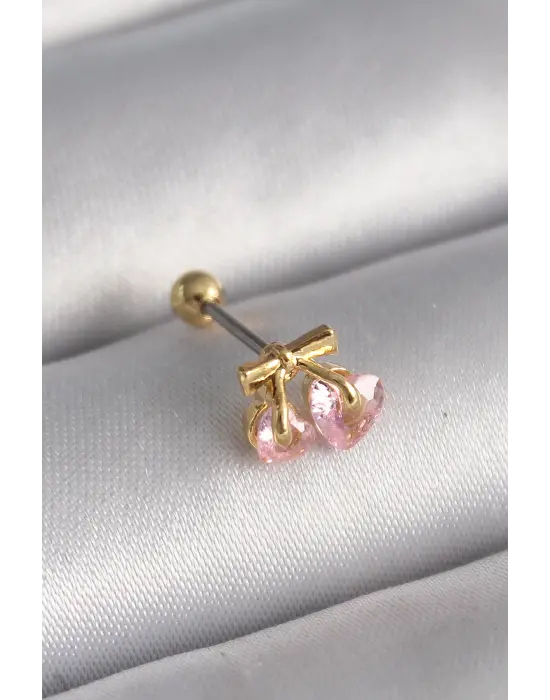 316L Çelik Gold Renk Pembe Zirkon Taşlı Kalp Tragus Piercing