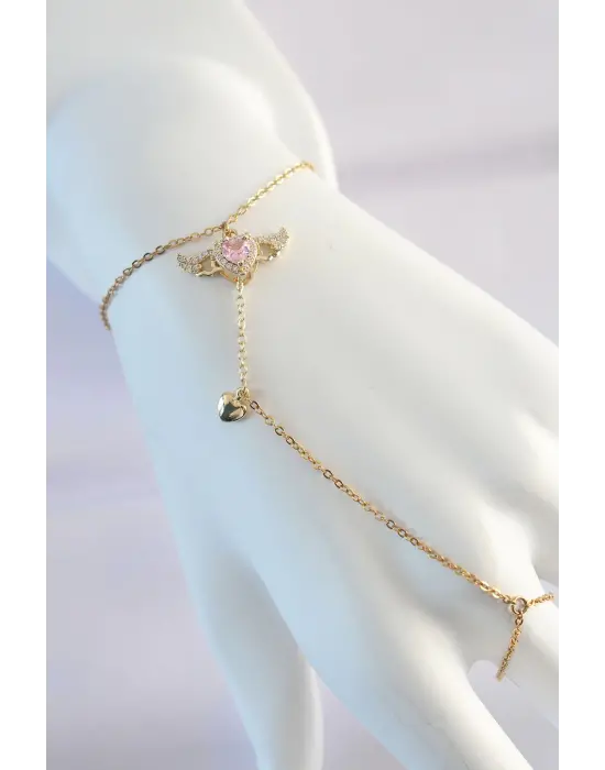 316L Çelik Gold Renk Pembe Zirkon Taşlı Kanatlı Kalp Model Şahmeran