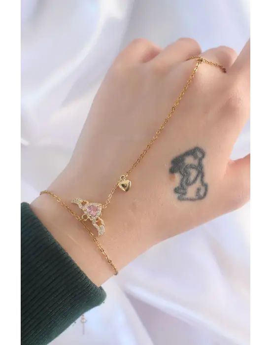 316L Çelik Gold Renk Pembe Zirkon Taşlı Kanatlı Kalp Model Şahmeran