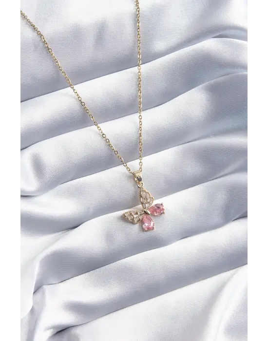  Altın  Pembe Zirkon Taşlı Kelebek Model  Çelik Kolye