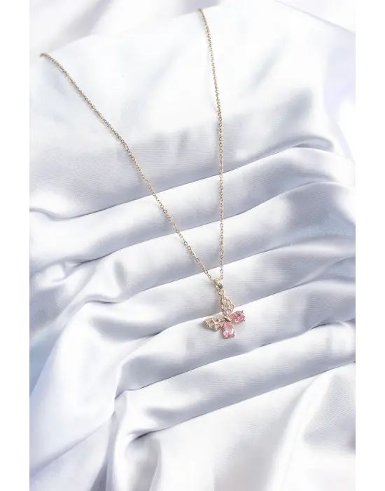  Altın  Pembe Zirkon Taşlı Kelebek Model  Çelik Kolye