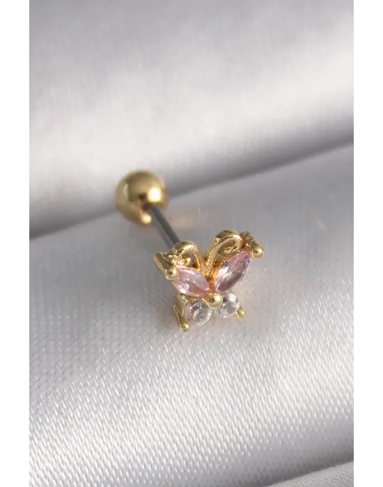 316L Çelik Gold Renk Pembe Zirkon Taşlı Kelebek Tragus Piercing