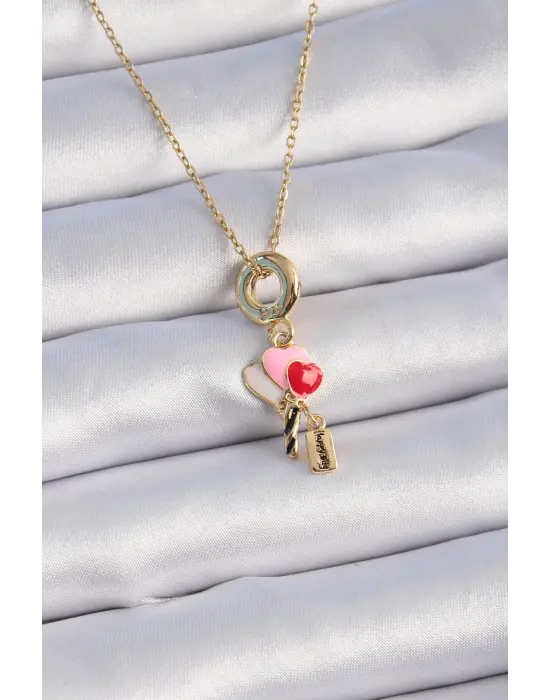  Altın  li Kalp Figür Charm Model  Çelik Kolye