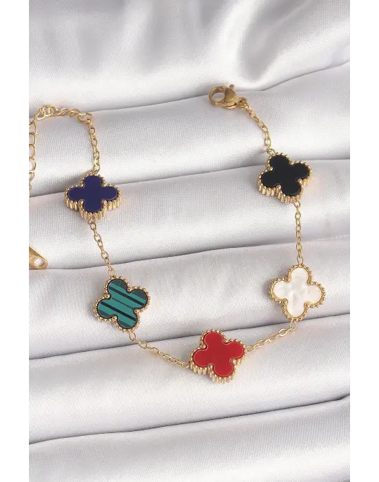 316L Çelik Gold Renk Renkli Yonca Model Kadın Bileklik