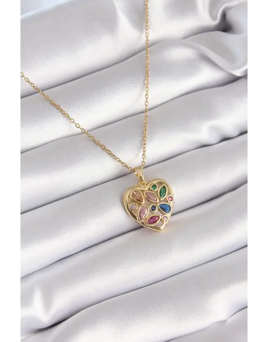  Altın  li Zirkon Taşlı Kalp Model  Çelik Kolye