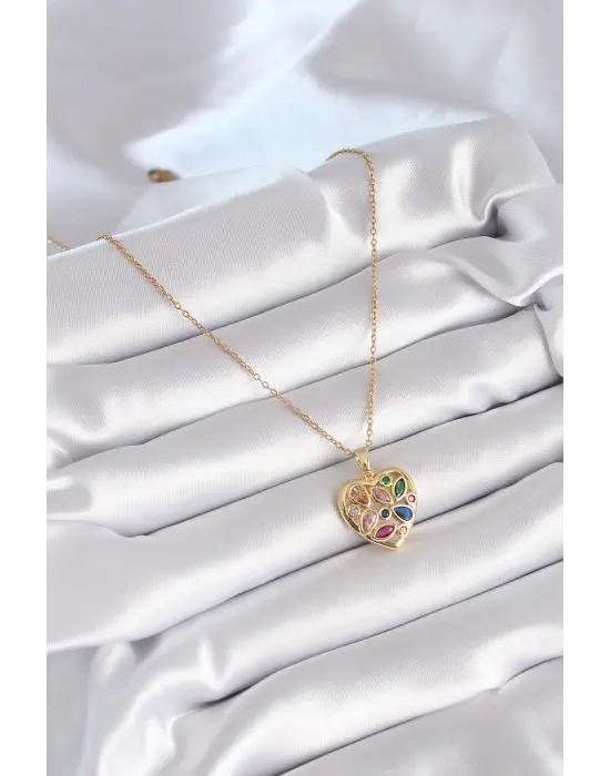  Altın  li Zirkon Taşlı Kalp Model  Çelik Kolye