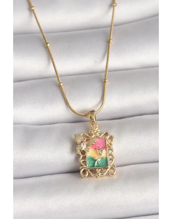 316L Çelik Gold Renk Renkli Zirkon Taşlı Kelebek İşlemeli Portre Model Kadın Kolye