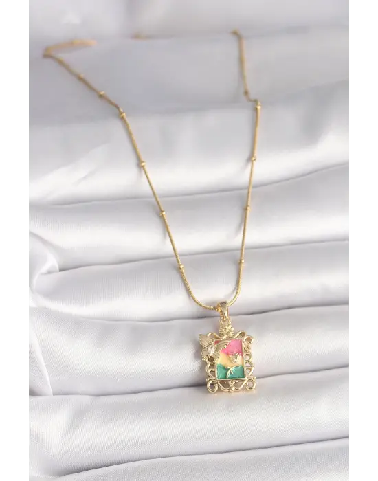 316L Çelik Gold Renk Renkli Zirkon Taşlı Kelebek İşlemeli Portre Model Kadın Kolye