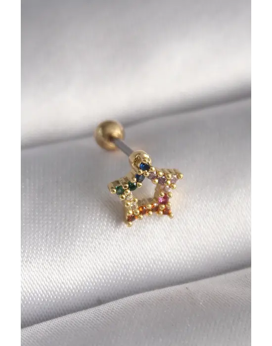 316L Çelik Gold Renk Renkli Zirkon Taşlı Yıldız Model Tragus Piercing